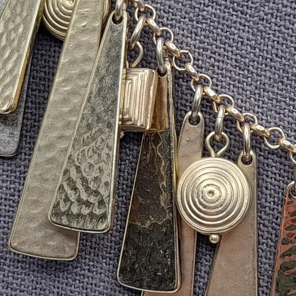 Chico's Gold Metal Fringe Necklace, Swirled Charm Accents, 18 1/2
